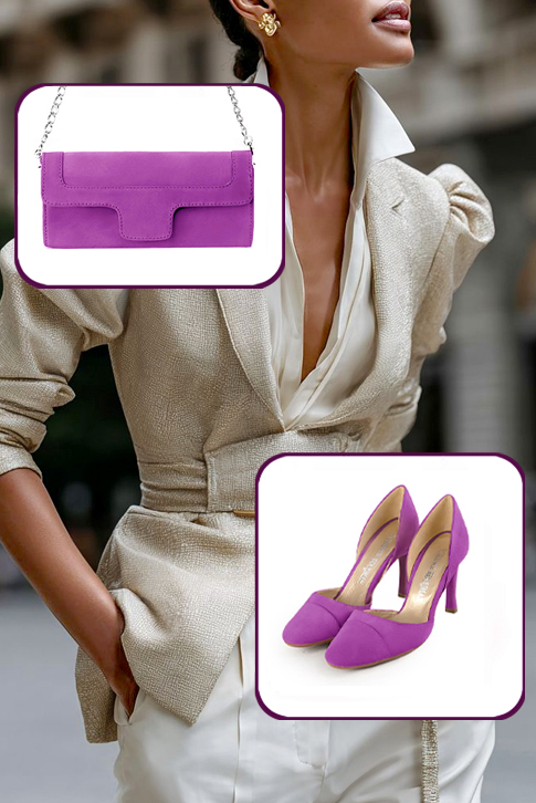 Dress pumps open arch in mauve purple leather with high slim heels and round toe - Worn view
